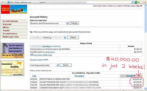 Screenshot showing $40,000.00 total bank deposits within a 2-week period